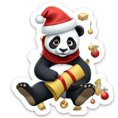 Panda wearing cowboy boots with a Santa hat on, sitting in a Christmas tree, holding a Christmas	 cracker, and make all of this look under the sea sticker