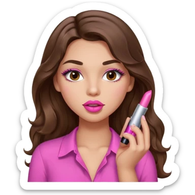 girl with long wavy brown hair, brown eyes, light to medium complexion, in a pink sexy shirt, pink lips, long lashes, puckered lips, putting on lipstick sticker