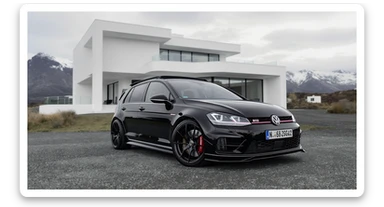 black Golf 4 with bodykit, in background is modern huge two flors white villa, in distance are iceland mountains, rule of thirds, shot on gopro hero, noise camera sticker