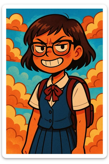 high school girl with glasses and short hair, smiling but with subtle signs of inner anger, surrounded by clouds, in a vibrant cartoon style sticker