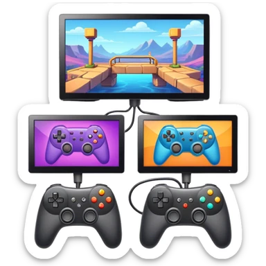 An icon showing two monitors with gaming interfaces, connected by a wire. Each monitor displays a different game screen, with two gamepads placed nearby, symbolizing multiplayer gameplay. transparent background. sticker