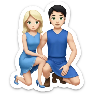 prince, upright, black Hair, blue eyes, blue garment,  Woman, blonde Hair, Green eyes, bending knee, sleveless White Dress, sticker