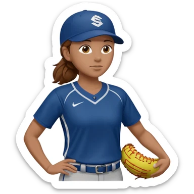 Softball pitcher pitching the ball from side view with brown hair and dark blue jersey and no hat and a face guard sticker