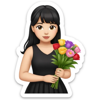 Latina girl with bangs black long hair in pony tail plus size black dress holding a bouquet of flowers  sticker