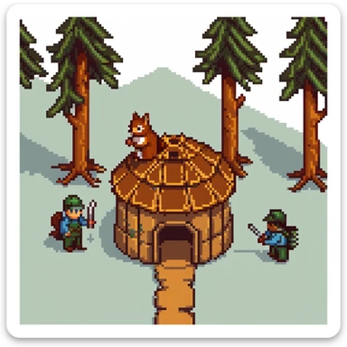 squirrel hut under construction with four workers sticker