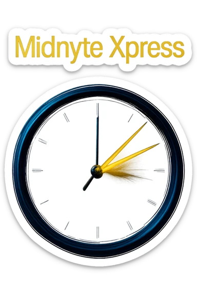 Change the clock face color to deep blue, keeping the motion blur on the hands, glowing effect, realistic style, and 'Midnyte Xpress' text above. Transparent background. Maintain the realistic style and effects as in the original images. sticker
