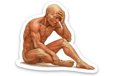 corpo umano anatomico realistico seduto a terra con postura delle spalle chiuse, mani sulla fronte ed espressione disperata in volto, isolato su sfondo bianco sticker