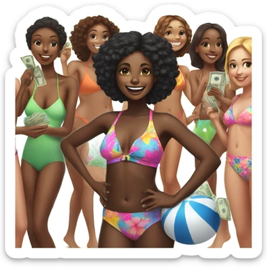 Black girl with money in a swimsuit with friends sticker