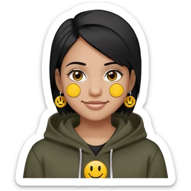 person with military cut black hair, brown eyes, wearing 2 circle earrings and a black hoodie with a smiley face sticker