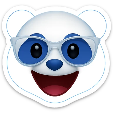 Add a subtle blue glow around the panda's head, keeping the playful 3D emoji look with white and #002FA7 blue coloring, translucent white designer glasses, and a big open-mouthed smile. Maintain the transparent background except for the glow. The style should resemble a 3D emoji style. sticker