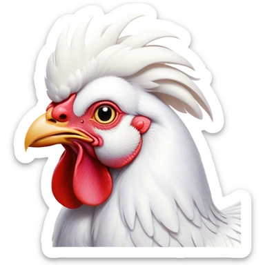 Cinematic Noble White Rooster Portrait Emoji, Poised and regal, with a robust, commanding build and a pristine, well-groomed pure white plumage, deep-set soulful piercing eyes, Simplified yet sharp and sophisticated features, highly detailed, glowing with a soft, dignified glow, high shine, intelligent and proud, stylized with an air of barnyard majesty, focused and attentive, soft glowing outline, capturing the essence of a watchful and confident leader, so majestic it feels as though it could crow out of the screen with effortless authority! sticker