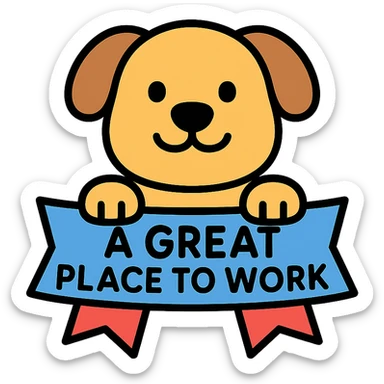 dog holding a ribbon with the text 'a great place to work' written in blue, lineal color icon with black outlines sticker