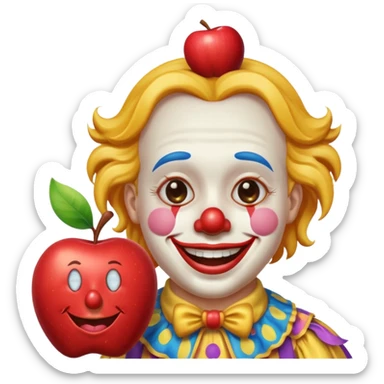 a crying but smiling and showing a peace sign clown face riding a horse, make it native to apple emoji style, the horse and the clown both emoji should match apple's style. sticker