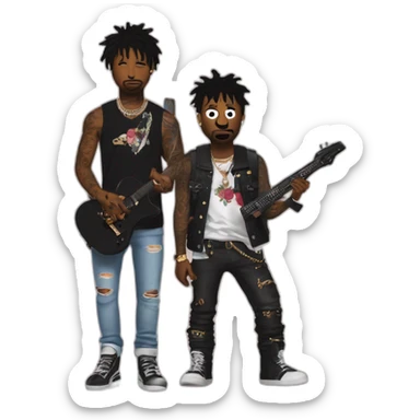 21 savage with him tattos and a gun in hand next to kurt cobain with guitar sticker