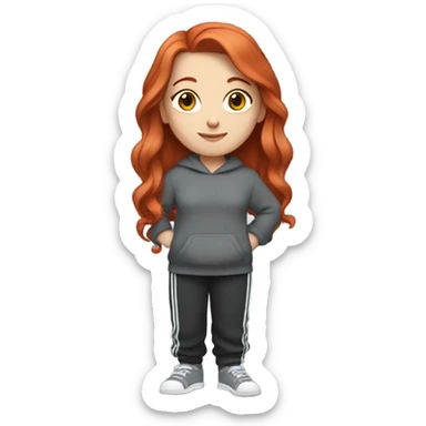 a white girl with red hair wearing lose grey sweats with a black sweater with white and grey lines  sticker