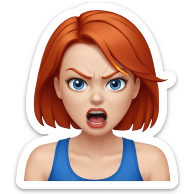 mujer pelirroja con los ojos y los labios maquillados enojada gritando con musculosa azul sticker