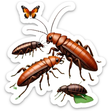 Close-up of giant Madagascar hissing cockroaches, butterflies, and stick insects in their natural habitat. The insects are shown in detail, highlighting their unique textures and colors, surrounded by plants and leaves. Soft lighting to enhance their features. Transparent background. sticker