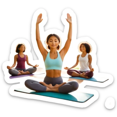 A person moves through a gentle yoga pose in the morning sun, one hand reaching up, the other near a plate of vibrant whole foods and a bottle of water. A cozy bed sits behind them, glowing softly. Nearby, a small group of friends laughs together under a tree—health, movement, nourishment, rest,  sticker