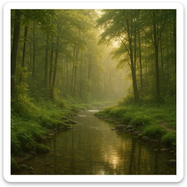 realistic forest landscape, 1920x1080 aspect ratio, early morning, dense trees, clear stream winding through foreground, soft golden morning light, lush greenery, detailed water reflections, gentle mist, no wildlife sticker
