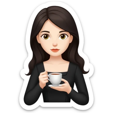 a white woman with sharp eyes and long dark hair, in a black dress, sipping a cup of tea sticker