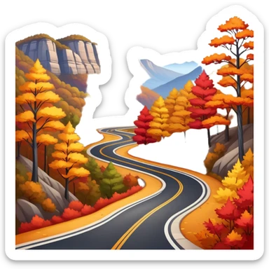 A winding asphalt road through the blue mountains and autumn colored trees sticker