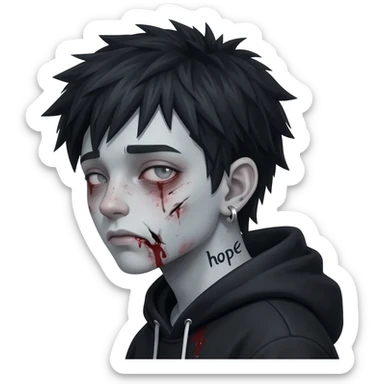 zombie boy with spiky hair and black hoodie zip one-sided earrings tattoo with the word "hope". sticker