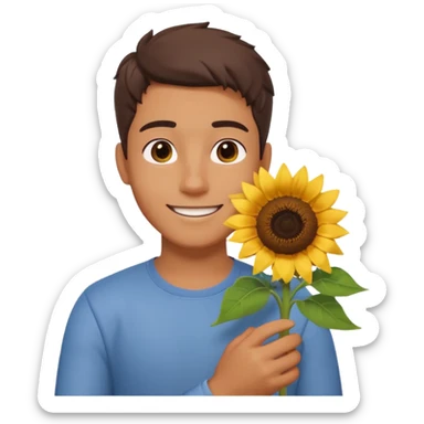man holding a sunflower portrait, head and shoulders only, gentle smile, sunflower visible in hand, warm positive vibe, 3D cartoon style, mobile game icon style, clean background, no text, no watermark
 sticker