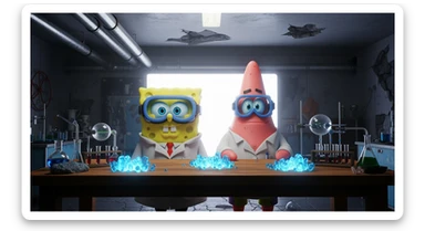 3D cienmatic cartoon shot, spongebob and patric dress in safety glasses and safe white outfit, the are standing front of table with blue crystals on table glowing (light source) science room in basement, back light, Cinema 4d render, proffesional lightning sticker