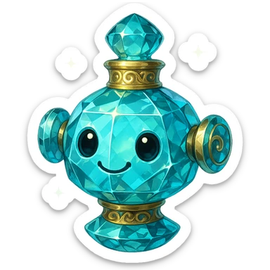 cute, luxurious crystal elixir bottle in the shape of a friendly and playful robot head, cyan color, lots of shining, facets, ornaments, golden details, magical effects, very small golden collar, transparent background, beautiful merging base, clearly floating in the air, no base or shadow, premium class impression, design matching a collection of crystal, luxurious, magical bottles sticker