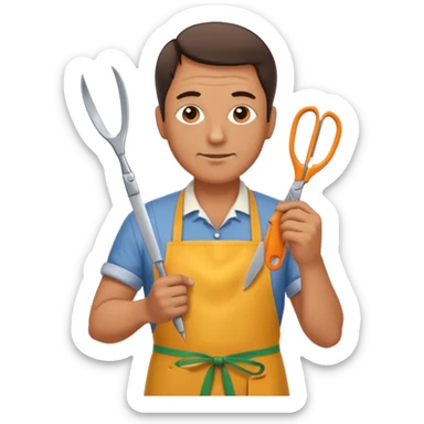 Middle-aged male florist – apron on, trimming stems with scissors sticker