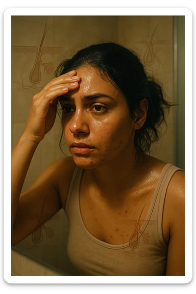 A realistic, cinematic portrait of a young woman in her late 20s with medium skin tone, sitting in front of a mirror in a softly lit bathroom. Her facial skin appears oily with a noticeable shine on her forehead, nose, and cheeks due to overactive sebaceous glands caused by PCOS. Small acne spots are visible along her jawline and chin, highlighting hormonal imbalance. She gently touches her forehead with her fingertips, checking the oiliness with a slightly concerned expression. Her dark hair is tied loosely, showing a few strands sticking to the sides of her face because of excess sebum. Subtle overlays of scientific diagrams of sebaceous glands can be softly blended into the background, symbolizing the overproduction of sebum. The atmosphere is clean and realistic, with warm daylight tones and a soft depth of field, ensuring emotional connection while maintaining medical educational value. 35mm film style, highly detailed skin texture and reflections on the oily areas for a hyperrealistic effect in italiano sticker
