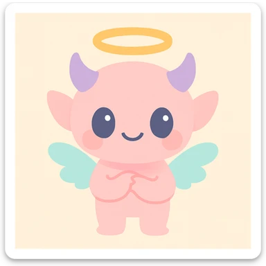 a sweet imp with a halo, tiny wings, and a shy smile, soft colors, minimal background, gentle and angelic sticker