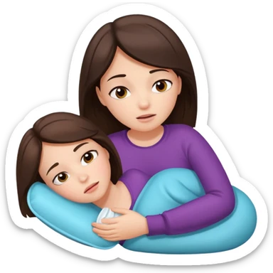 A brunette girl, with a pain face, lying on her side suffering from menstrual cramps, has a hot water bottle on her stomach. sticker
