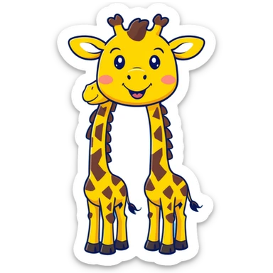 joyful cartoon giraffe dancing on hind legs, front hooves raised, big toothy smile, stars in eyes, bright yellow and brown, thick black outlines sticker