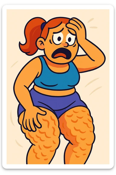 cartoon style vibrant colors illustration of a woman with a lot of cellulite, visibly desperate and tired of her condition, face visible with a marked expression of despair and fatigue, light background sticker