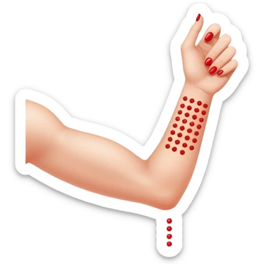 Allergy skin prick test on forearm with small red bumps showing reactions to different allergens sticker