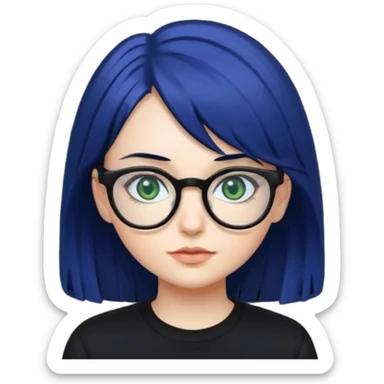 A girl with dark blue hair, glasses and green eyes, wearing black clothes  sticker
