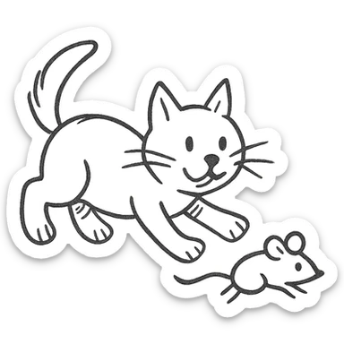hand drawn outlined cat chasing a mouse icon sticker