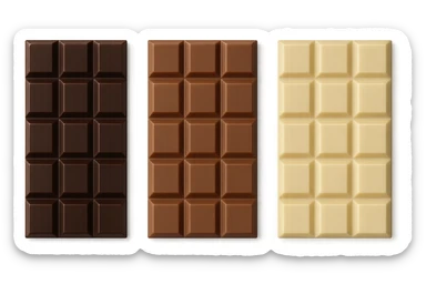 3 BARRETTE DI CIOCCOLATO, UNA FONDENTE, UNA AL LATTE E UNA BIANCA, VISTE DALL'ALTO, IPERREALISTICO 4K sticker