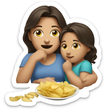 Brunette girl holding baby eating chips  sticker