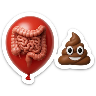 intestino umano anatomico chiuso in un palloncino rosso che simboleggia gonfiore, accanto un simbolo di cacca stile emoji iphoneche simboleggia "diarrea", iperrealistico 4k sticker