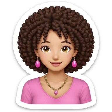 Naturally tan skin girl short darkBrown curly afropink shirt long lashes earrings necklace Brown eyes gyaru smiling closed mouth cute sticker
