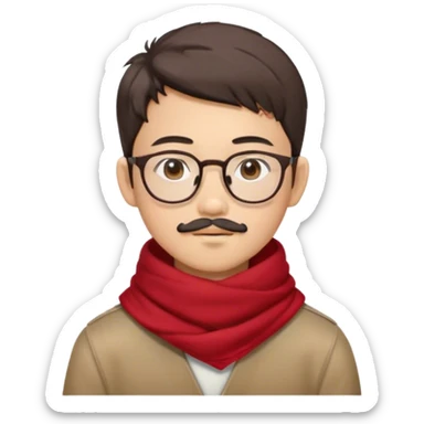 An Asian boy with glasses, Korean boy haircut, a little mustache, brown goatee, brown eyes and an earring on his left ear dressed in a red scarf sticker