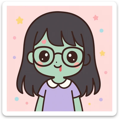 zombie girl with long black hair, bangs, and glasses, anime kawaii style sticker