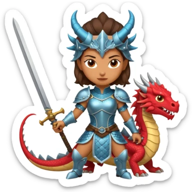Fierce Latina in armor with a sword after a battle cutting off the head of a dragon sticker