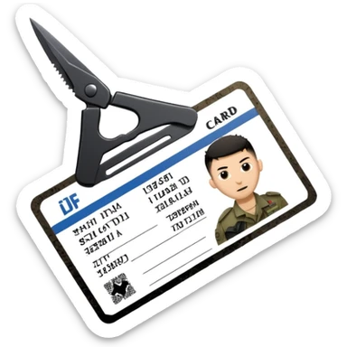 black Scissors cutting an idf soldier ID card in 2 parts .hyper realistic sticker