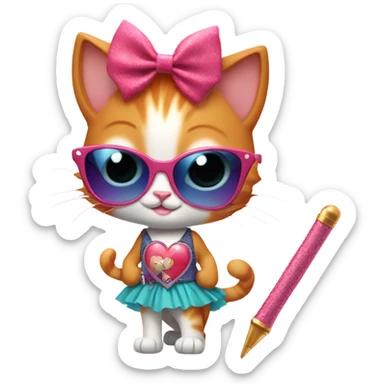 A ginger kitten wearing a skirt and point shoes holding a magic wand and wearing heart shaped sun glasses sticker