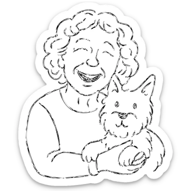 50-year-old woman with silver curly hair, laughing, holding a Westie dog, hand drawn outlined icon sticker