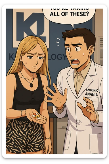 fai un webtoon/manga a colori con questo kinesiologo in camice bianco (fagli la scritta "ANTONIO ANANIA" SUL CAMICE) CHE PARLA CON QUESTA RAGAZZA. LA RAGAZZA HA UN PUGNO DI INTEGRATORI IN MANO (TANTE PILLOLE DIVERSE) E LE GUARDA DUBBIOSA. IL KINESIOLOGO CON IL CAMICE BIANCO LE DOMANDA UNA COSA SCIOCCATO. NON FARE I FUMETTI, FAI SOLO LORO COME SE DIALOGASSERO sticker