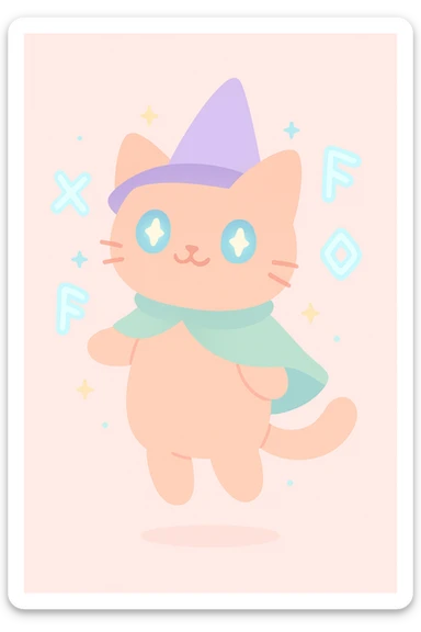 A cat wizard floating with magical runes, glowing eyes, whimsical style sticker